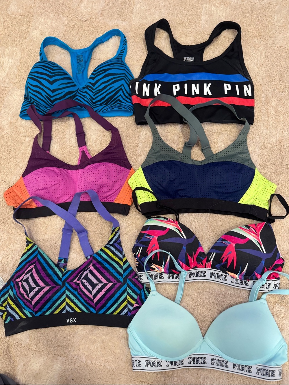 7 PINK Bra’s Victoria’s Sport Ultimate Sports bras XS 32A Yoga VSX